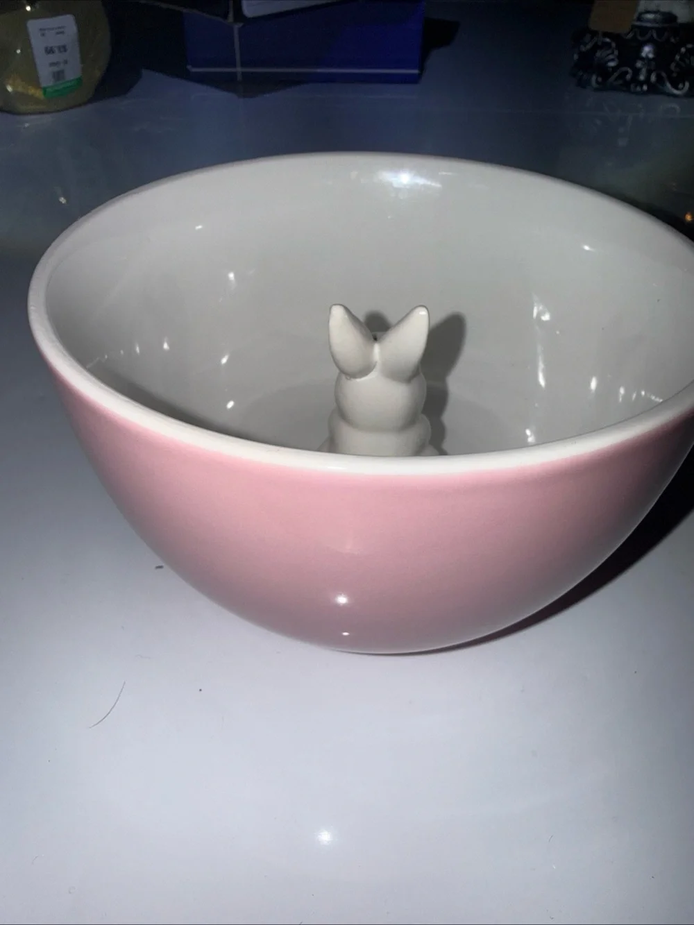 Kcare Pink & White Stoneware Bowl w Bunny in the Center See Pics For Measurement